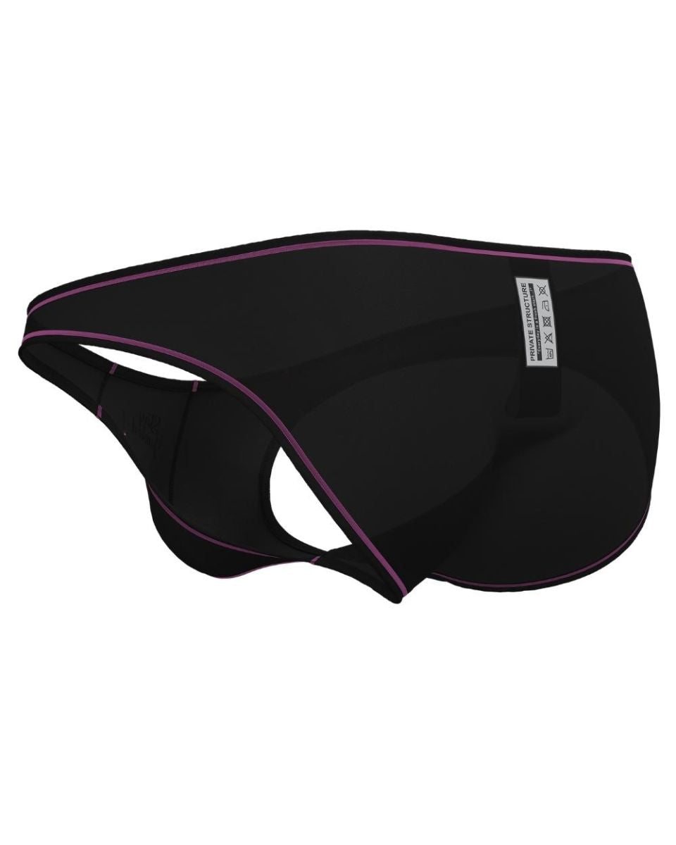 Black men’s briefs with purple trim and hugo boss label in charcoal color from private structure epus4563 prime eutopia line