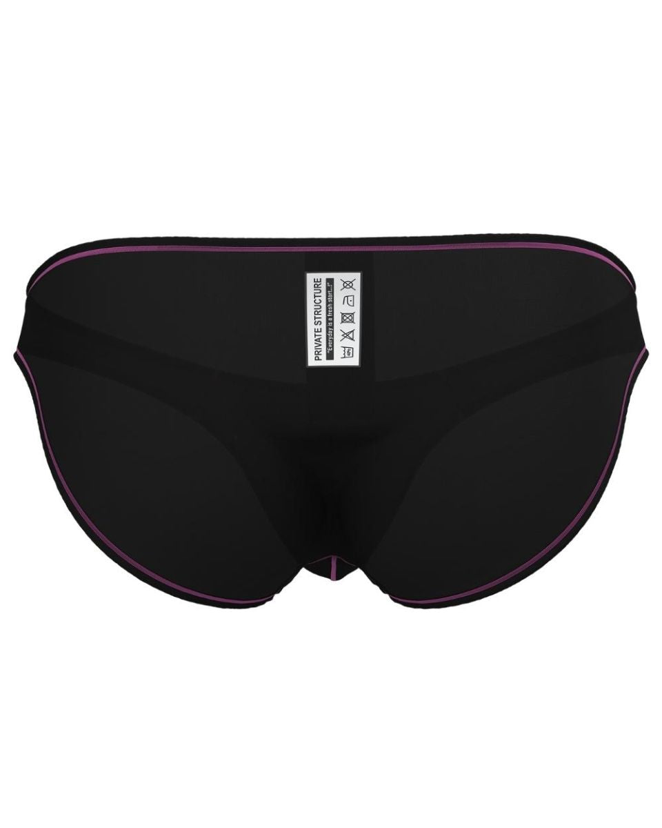 Private structure epus4563 prime eutopia charcoal bikini brief showing back with purple trim and white label