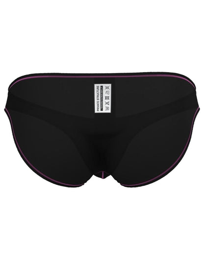 Private structure epus4563 prime eutopia charcoal bikini brief showing back with purple trim and white label
