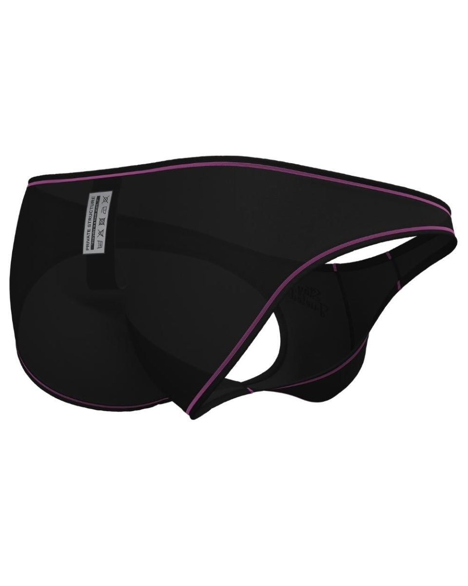 Black private structure epus4563 prime eutopia bikini brief with purple trim and white care label on waistband