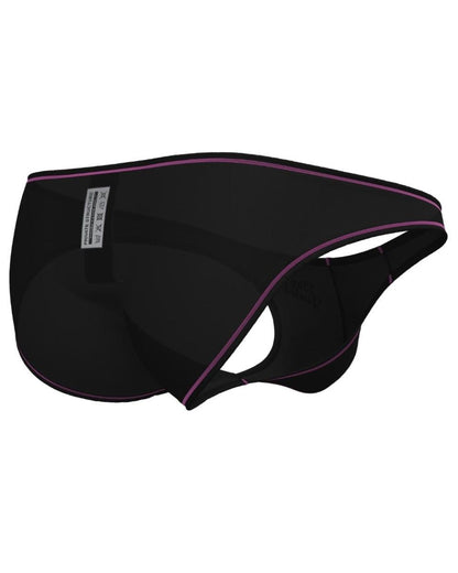 Black private structure epus4563 prime eutopia bikini brief with purple trim and white care label on waistband