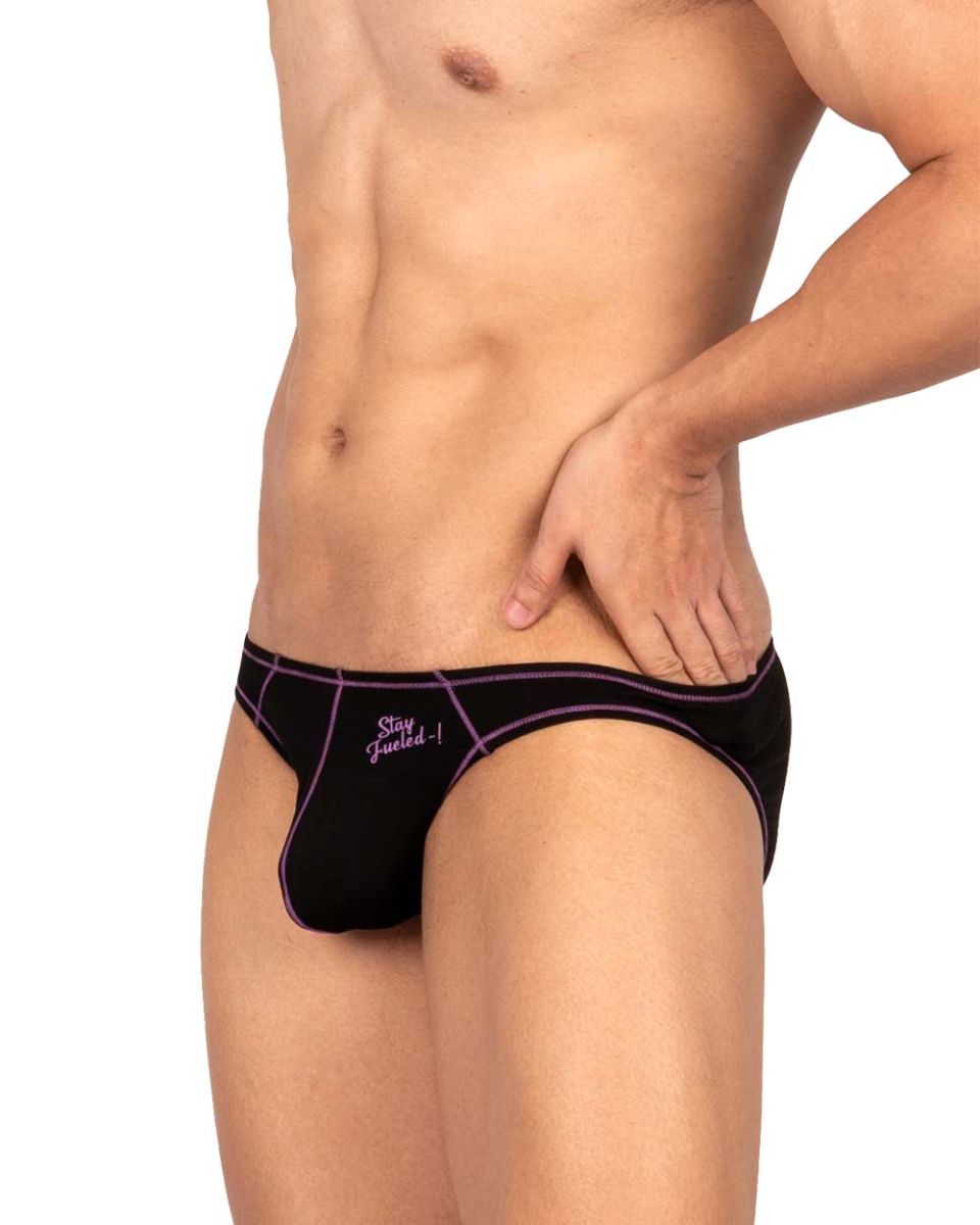 Private structure epus4563 prime eutopia charcoal bikini brief with purple trim and stay fueled embroidery on left leg