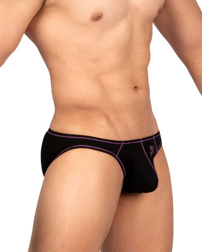 Private structure epus4563 prime eutopia charcoal bikini briefs for men with purple trim and small side logo