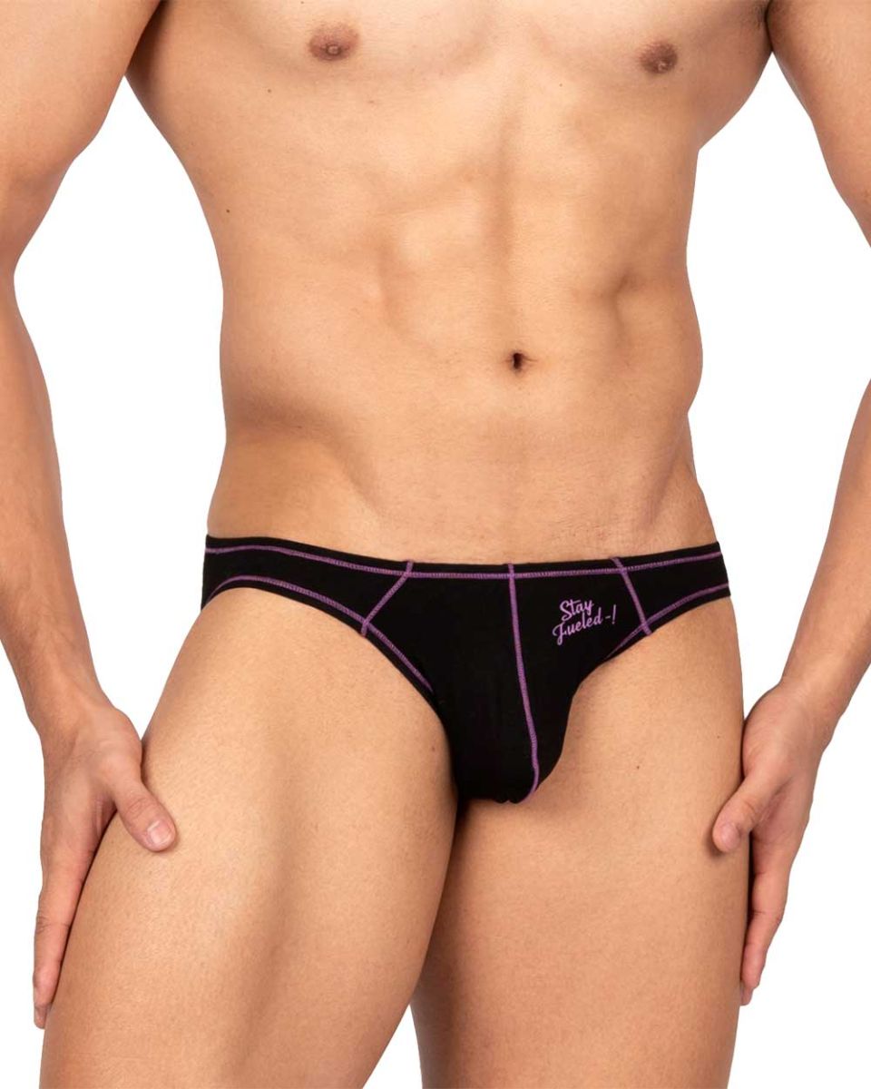 Private structure epus4563 prime eutopia black briefs with purple trim and stay fueled logo on front in charcoal color