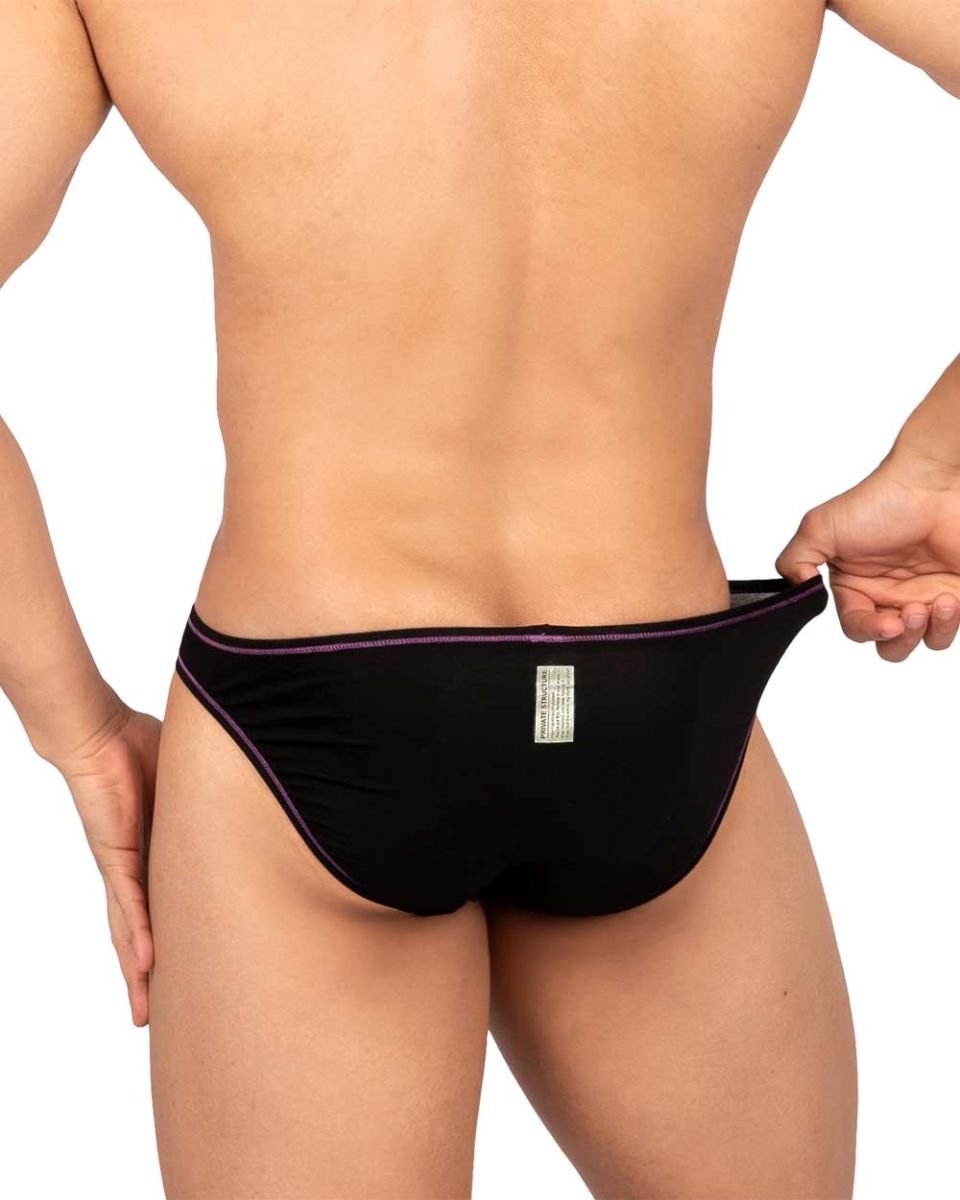 Black briefs with subtle purple trim on waistband and leg openings from private structure epus4563 prime eutopia bikini brief