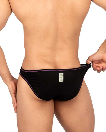 Black briefs with subtle purple trim on waistband and leg openings from private structure epus4563 prime eutopia bikini brief