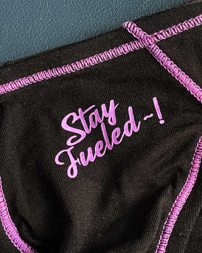 Private structure epus4563 prime eutopia charcoal bikini brief in black athletic fabric with pink embroidered stay fueled text