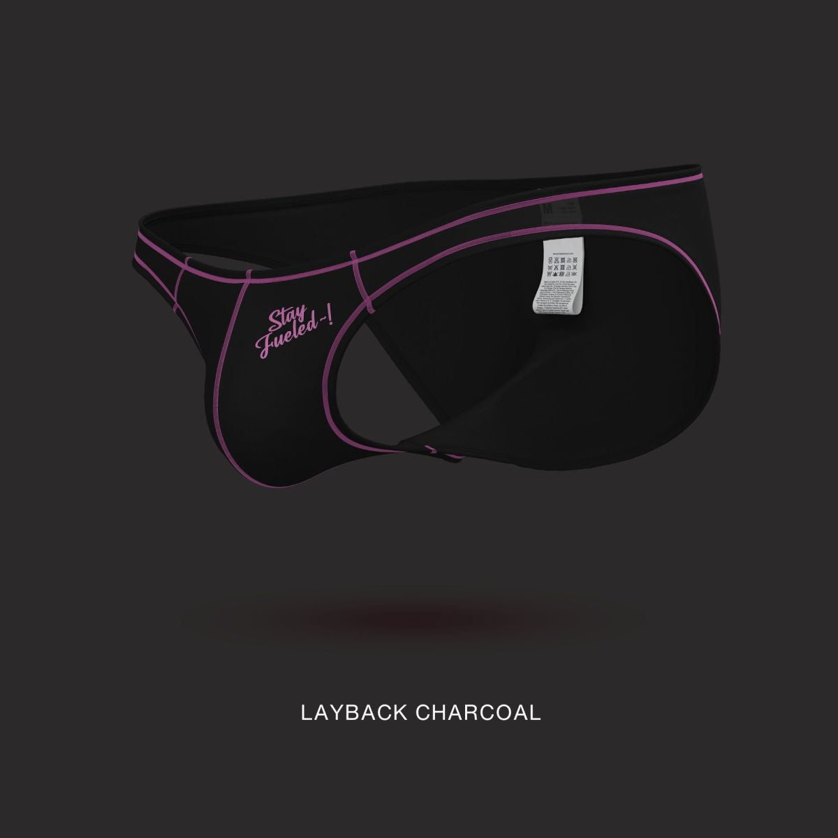 Private structure epus4563 prime eutopia bikini brief in charcoal with pink stitching and stay fueled embroidered text