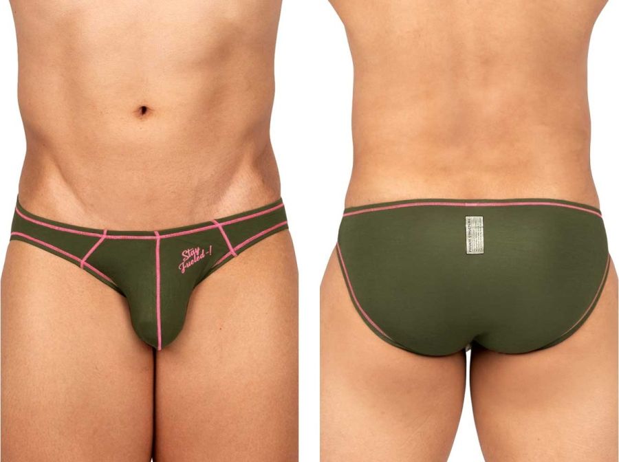 Olive green private structure bikini briefs with pink trim and stay focused logo on the front for everyday wear