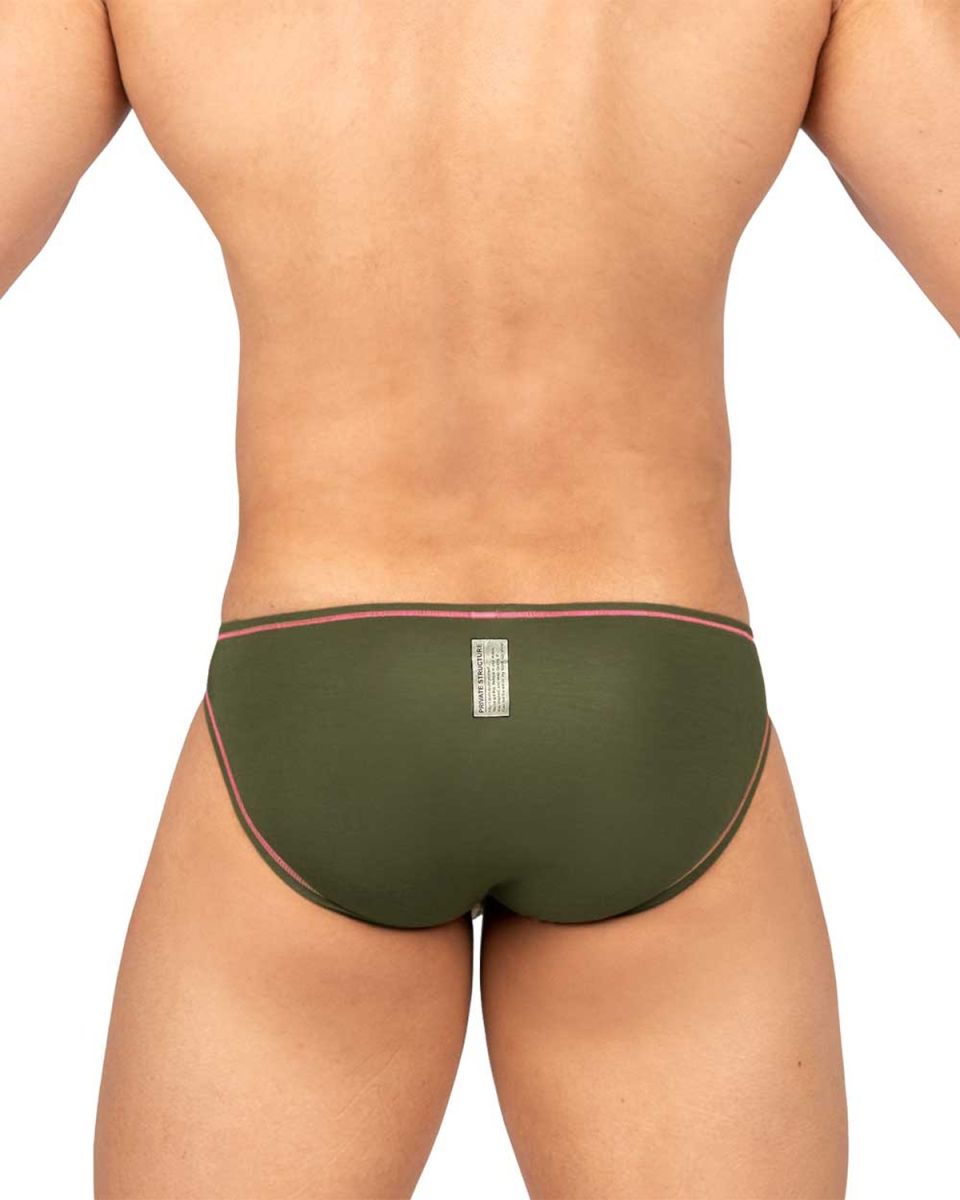 Olive green Private Structure EPUS4563 prime eutopia bikini briefs with pink trim and back rectangular label
