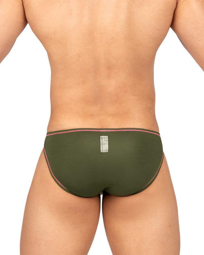 Olive green Private Structure EPUS4563 prime eutopia bikini briefs with pink trim and back rectangular label