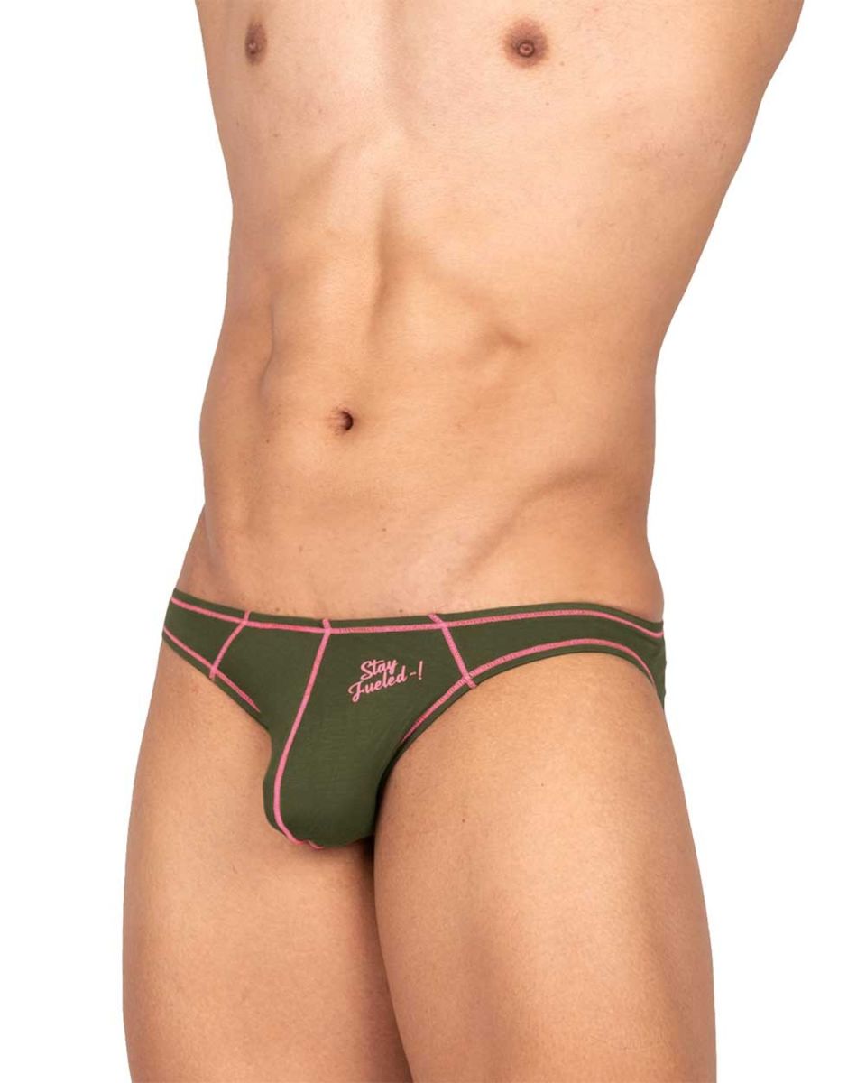 Dark green olive private structure prime eutopia bikini briefs with pink trim and stay fueled logo in front view