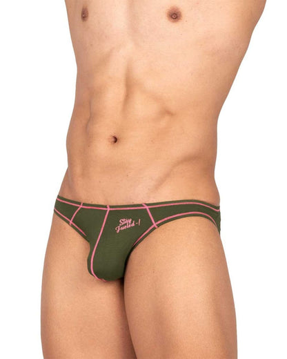 Dark green olive private structure prime eutopia bikini briefs with pink trim and stay fueled logo in front view