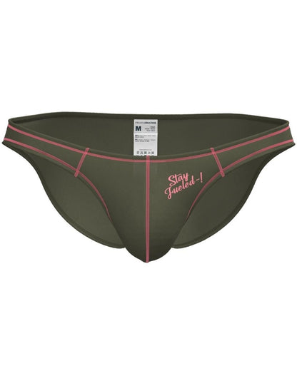 Olive green private structure prime eutopia men’s briefs with pink stitching and stay fueled embroidered slogan