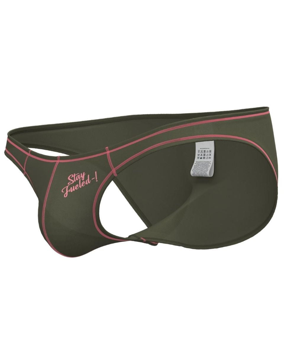 Olive green private structure prime eutopia bikini briefs with pink stitching and stay fueled embroidered logo