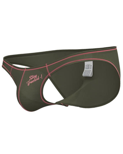 Olive green private structure prime eutopia bikini briefs with pink stitching and stay fueled embroidered logo