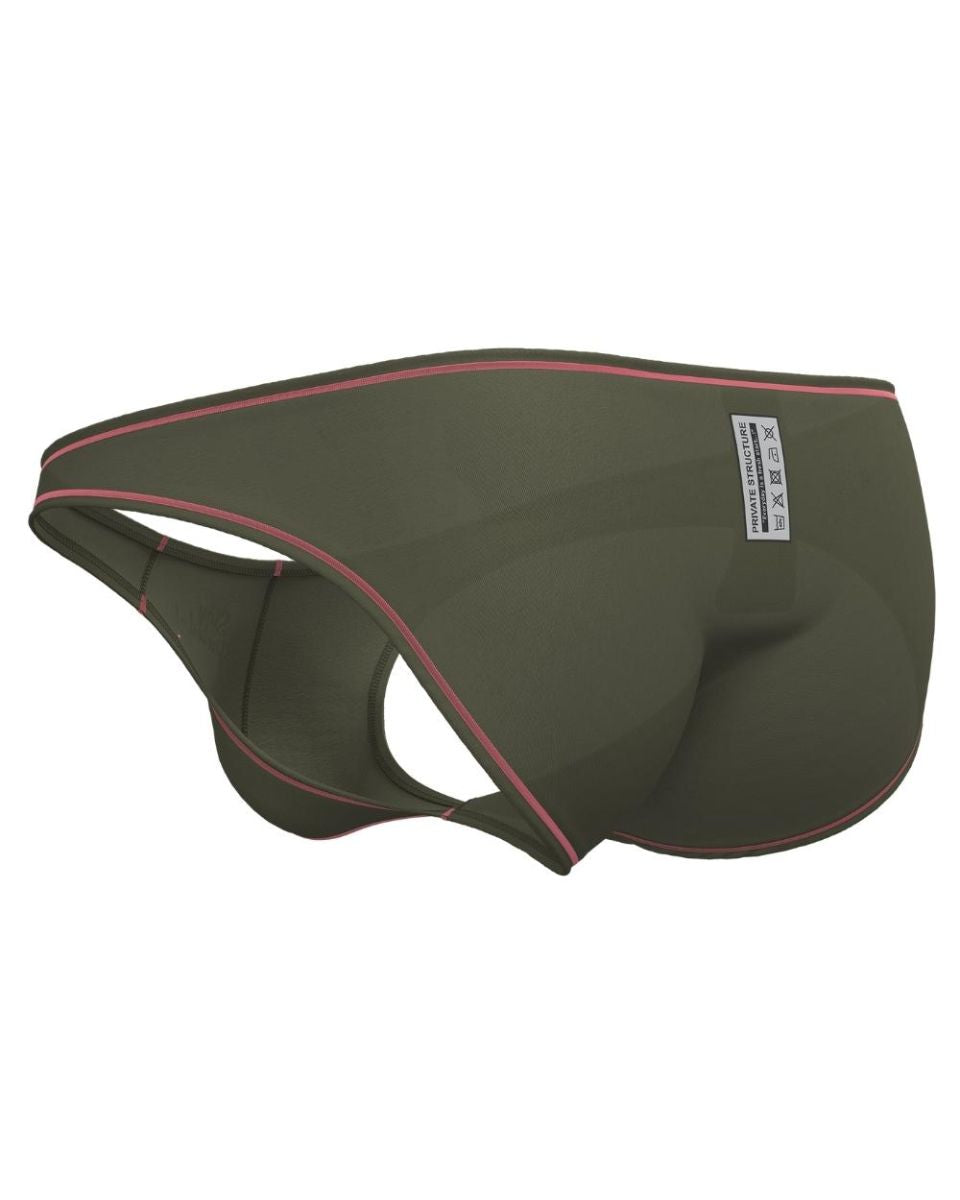 Olive green private structure men’s bikini briefs with pink trim and white waistband label style epus4563 prime eutopia