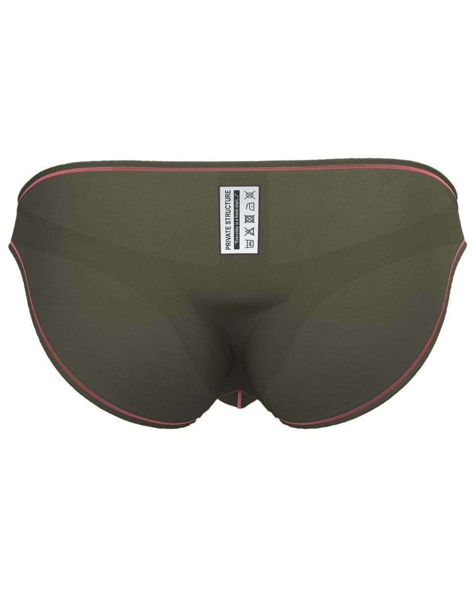 Olive green private structure epus4563 prime eutopia bikini brief swim trunks with pink trim and white care label