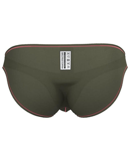 Olive green private structure epus4563 prime eutopia bikini brief swim trunks with pink trim and white care label