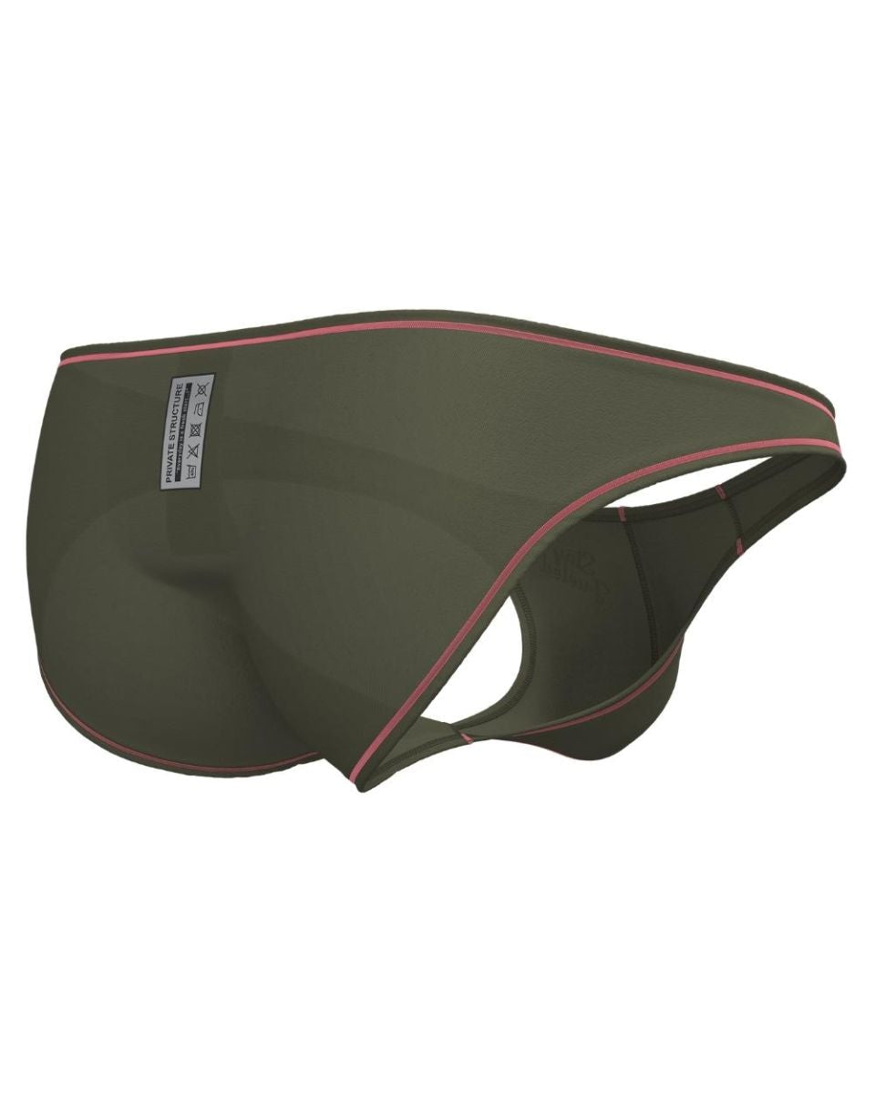 Olive green private structure prime eutopia bikini brief with pink stitching and white waistband label