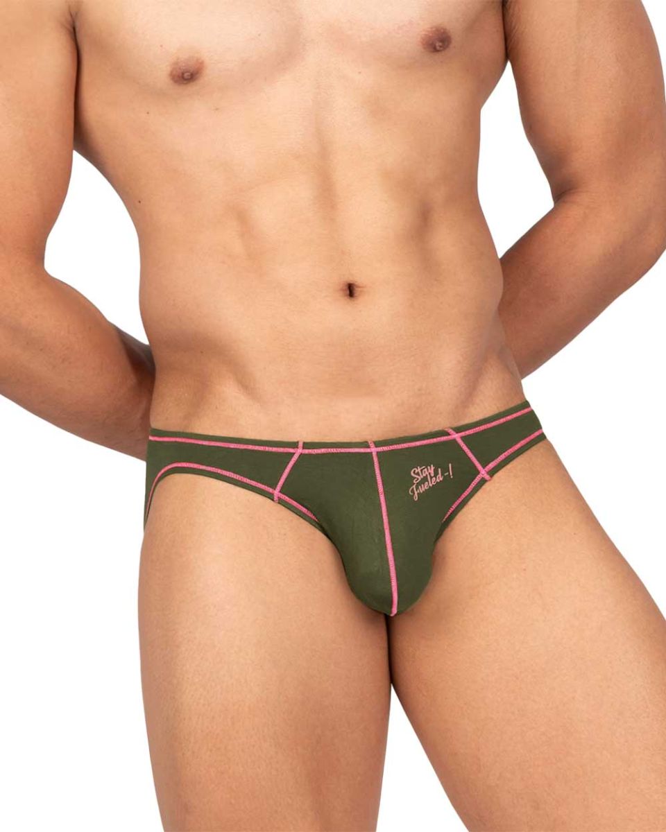 Olive green private structure epus4563 prime eutopia bikini briefs with pink trim and stay fueled logo embroidered on side