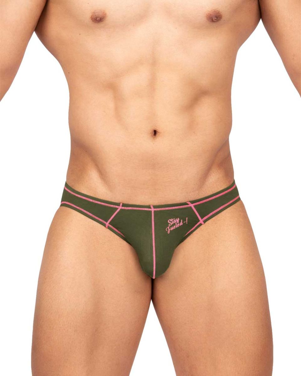 Olive green private structure mens bikini briefs with pink geometric trim and stay focused embroidered logo
