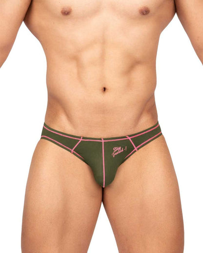Olive green private structure mens bikini briefs with pink geometric trim and stay focused embroidered logo