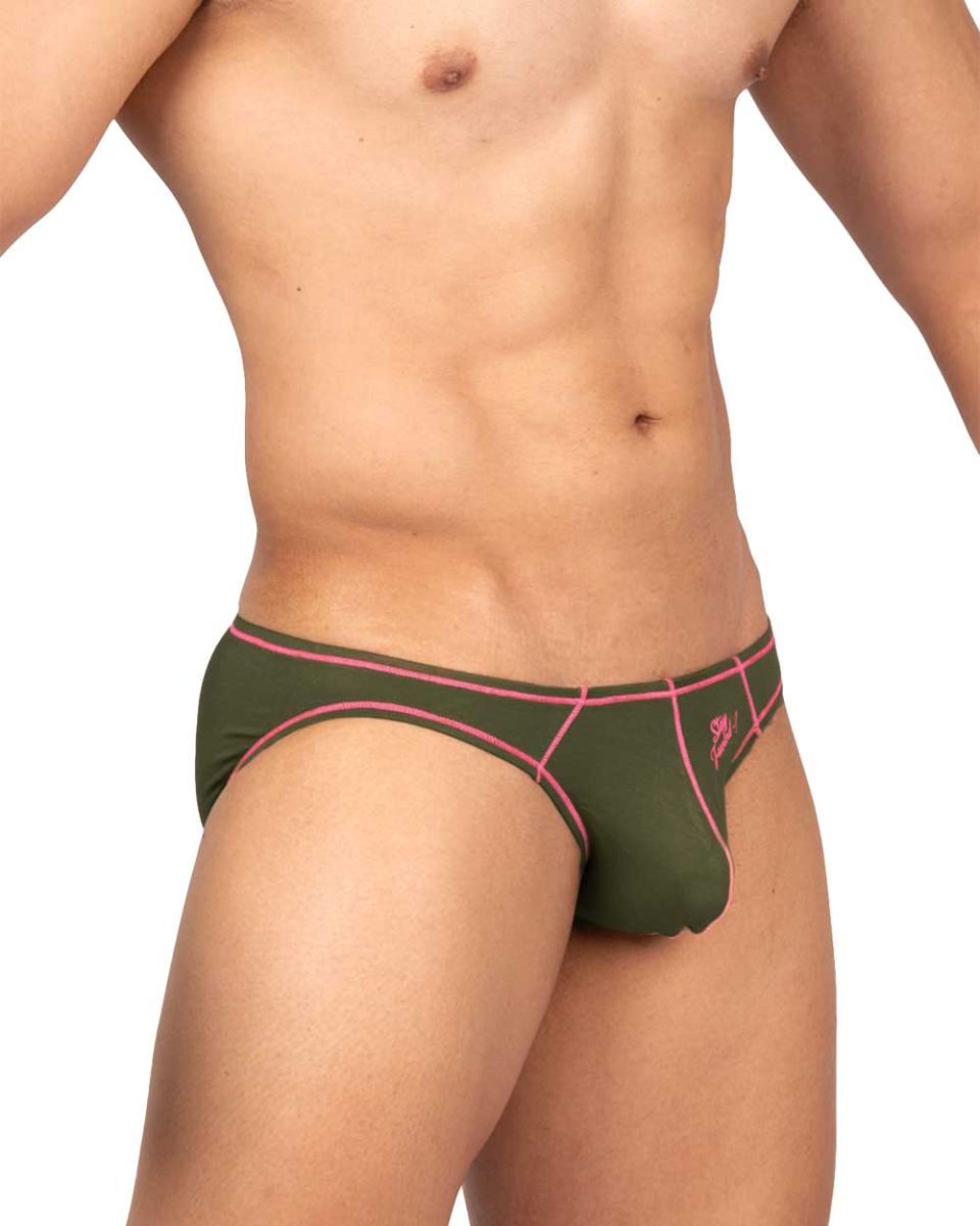 Olive green bikini briefs with pink trim and small logo on the side by private structure model epus4563 prime eutopia