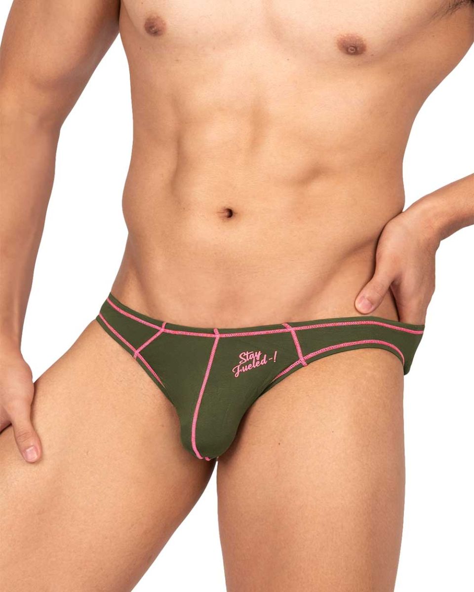Olive green Private Structure Prime Eutopia bikini briefs with pink trim and stay fueled embroidery in pink script