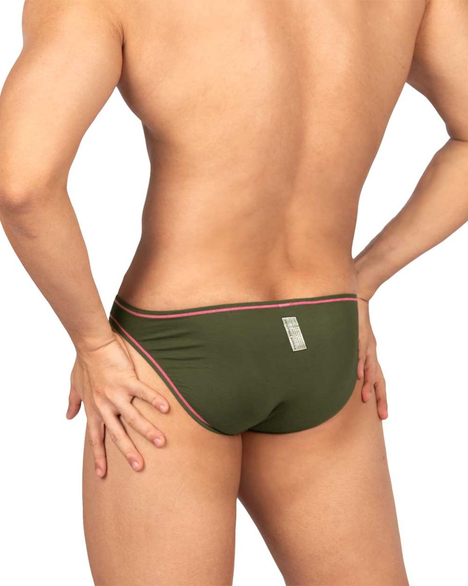 Back view of olive green private structure epus4563 prime eutopia bikini brief with pink trim and white label