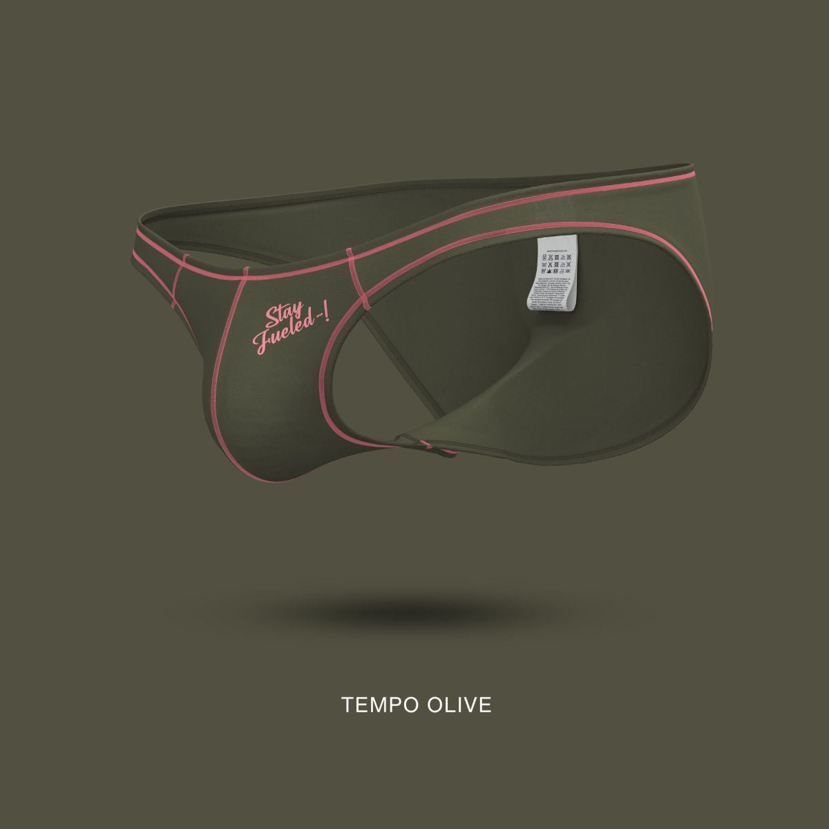 Private Structure olive green tempo briefs with pink stitching and stay fueled embroidered slogan in bikini style