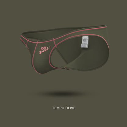 Private Structure olive green tempo briefs with pink stitching and stay fueled embroidered slogan in bikini style