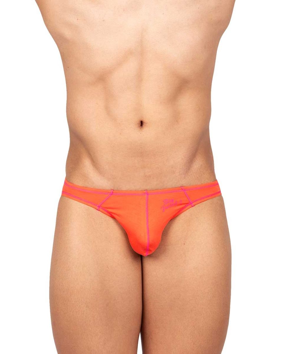 Vibrant orange men’s thong with pink trim and subtle branding on the waistband by private structure in tangerine color