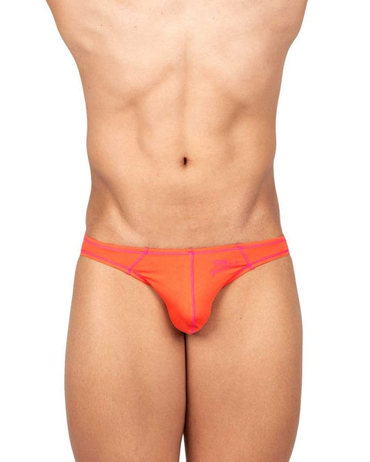 Vibrant orange men’s thong with pink trim and subtle branding on the waistband by private structure in tangerine color