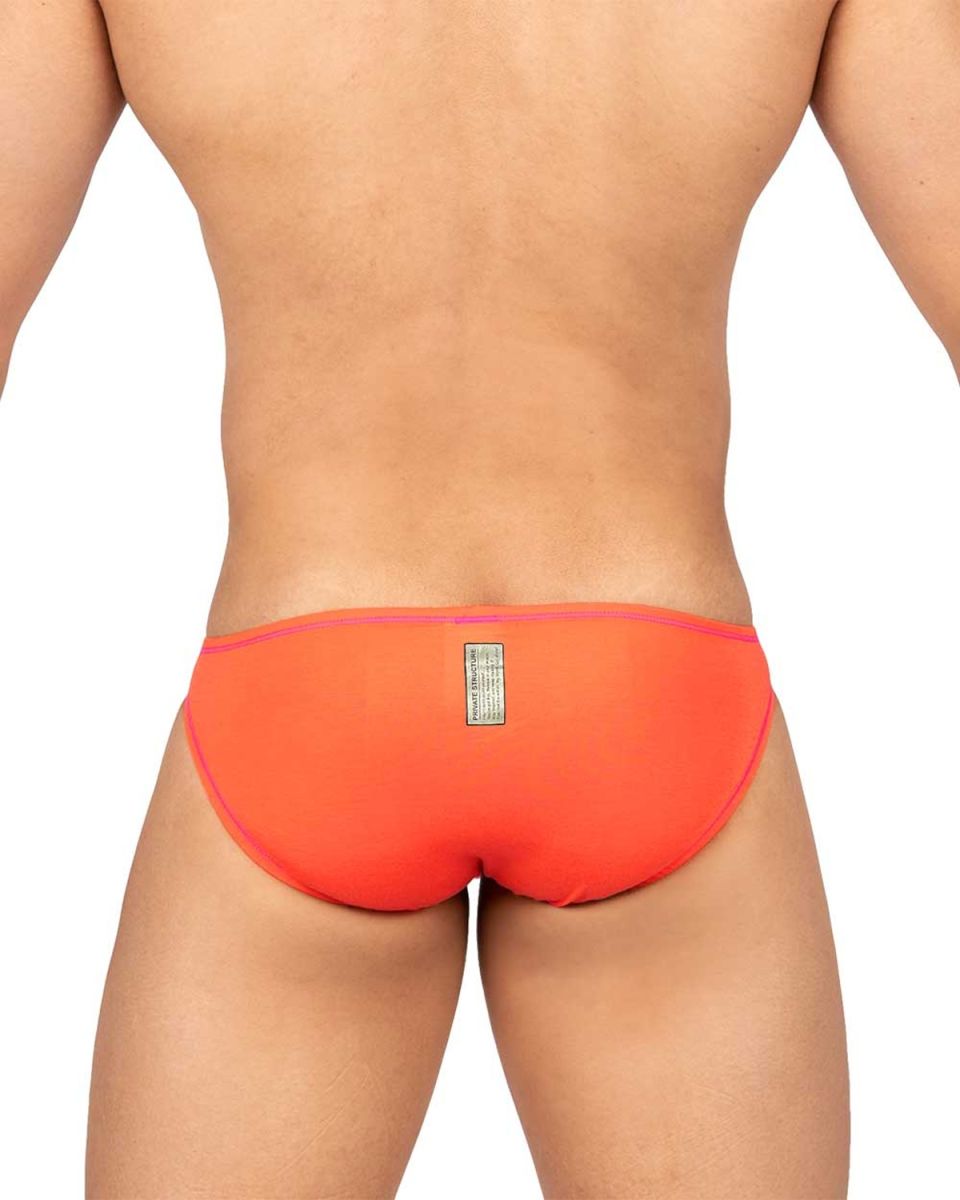 Back view of private structure epus4563 prime eutopia vibrant orange swim trunks with subtle pink trim and label