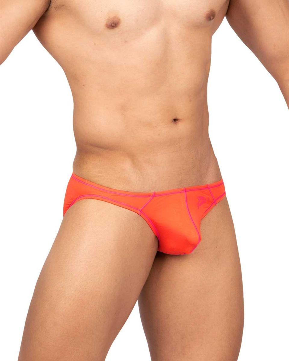 Bright orange Private Structure EPUS4563 Prime Eutopia bikini briefs with neon pink trim and subtle star embroidery