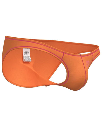 Bright orange athletic briefs with pink trim and sleek form fitting design by private structure prime eutopia