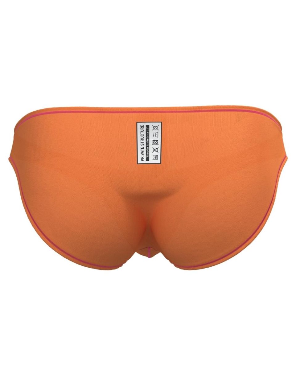 Private Structure EPUS4563 Prime Eutopia tangarine bikini brief with bright orange swim trunks and subtle pink trim