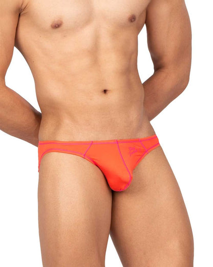 Bright orange Private Structure EPUS4563 Prime Eutopia bikini brief with neon pink trim and stitching in tangerine color