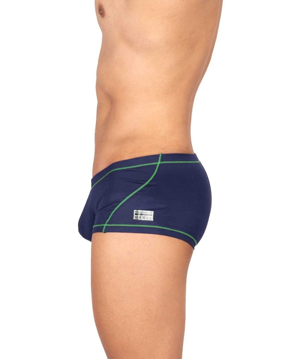 Navy blue private structure epus4570 prime elysian hipster swim trunks with green stitching and white waistband label