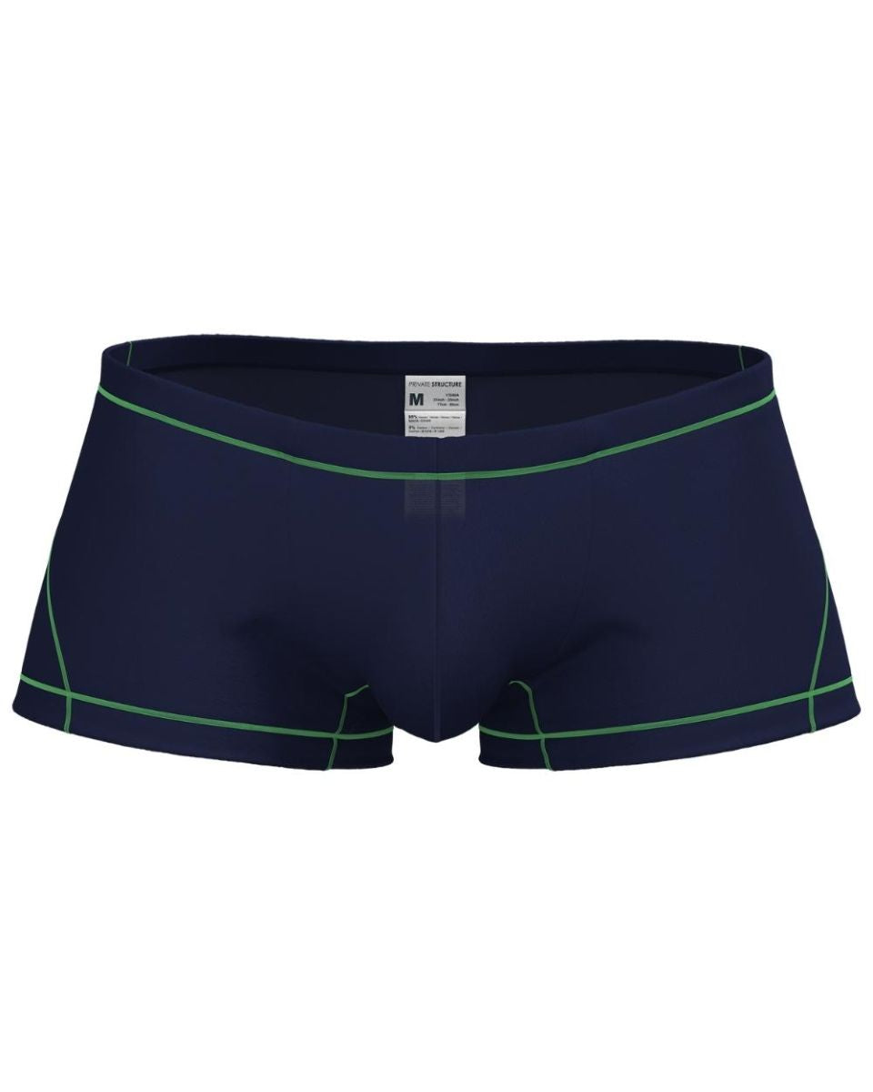 Navy blue Private Structure epus4570 prime elysian hipster swim trunks with green stitching details
