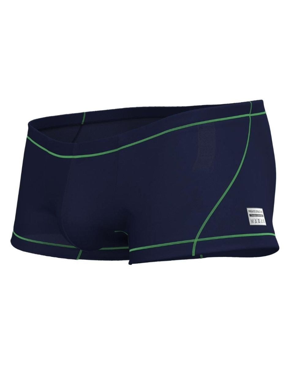 Private structure epus4570 prime elysian hipster swim trunks navy blue with neon green stitching and white side label