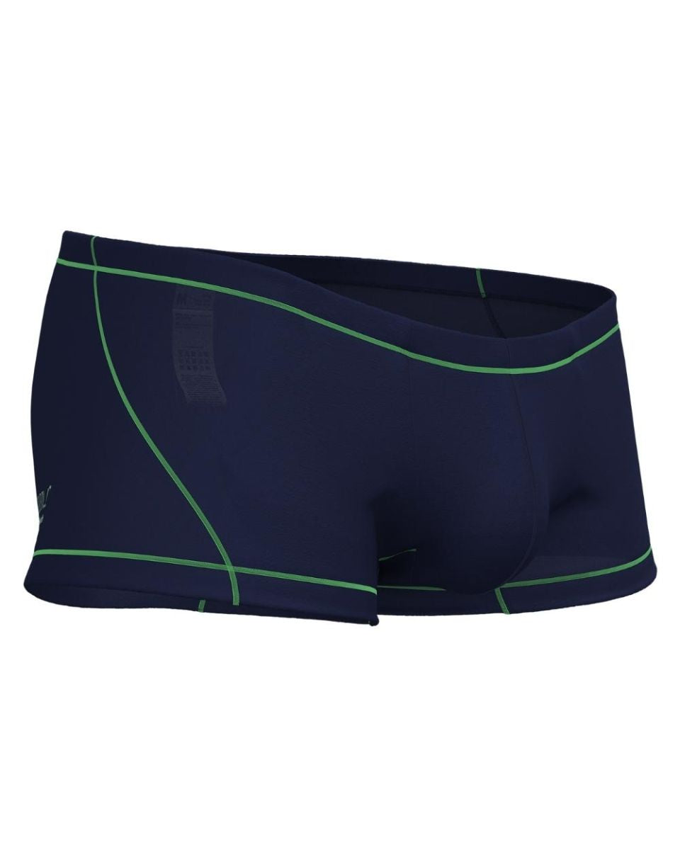 Private Structure EPUS4570 Prime Elysian hipster swim trunks in navy blue with neon green stitching and subtle side logo
