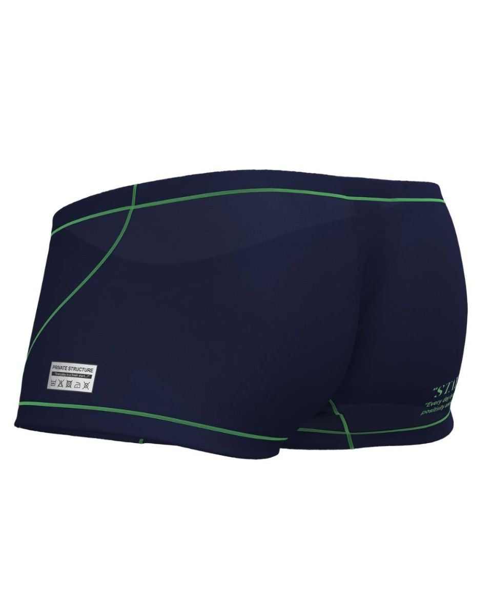 Dark navy swim trunks with green stitching and a white Private Structure label on the side hipster style