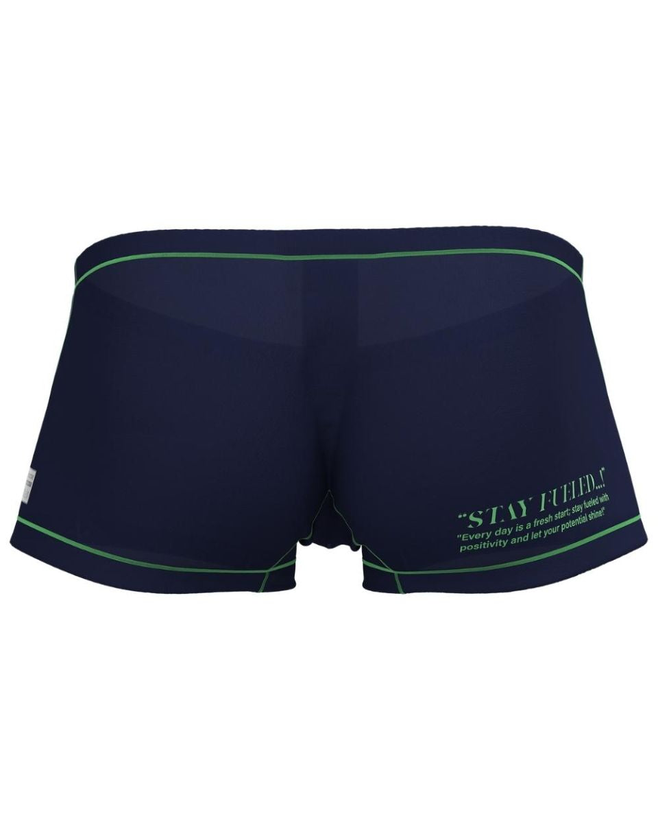 Private structure epus4570 prime elysian hipster navy blue swim trunks with green trim and motivational side quote