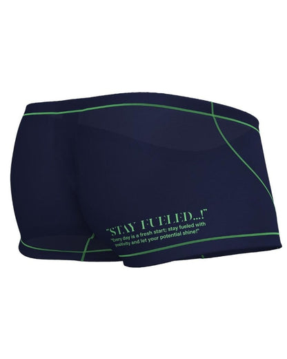 Navy blue Private Structure EPUS4570 Prime Elysian hipster swim trunks with green trim and motivational quote on the side