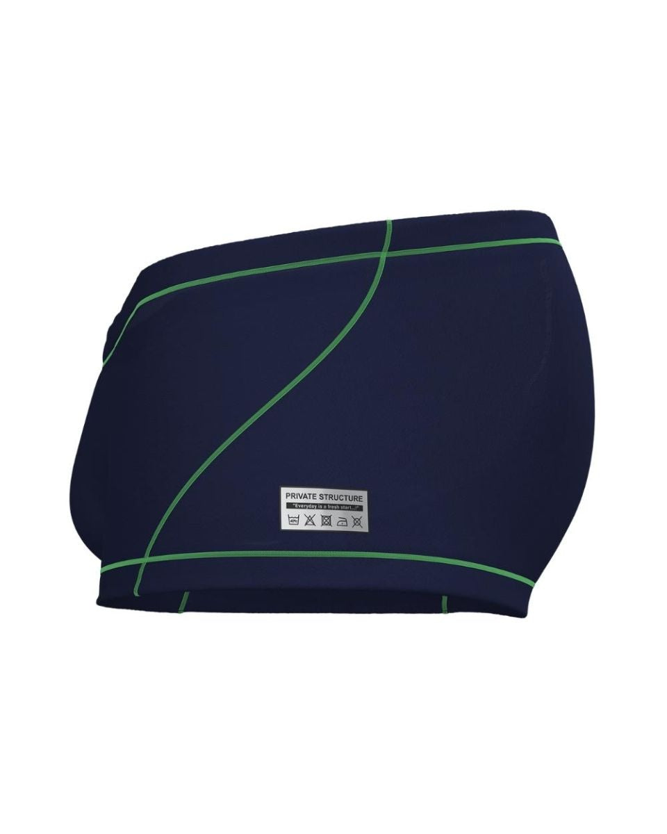 Dark blue swim trunks with green stitching and private structure brand label for casual beachwear