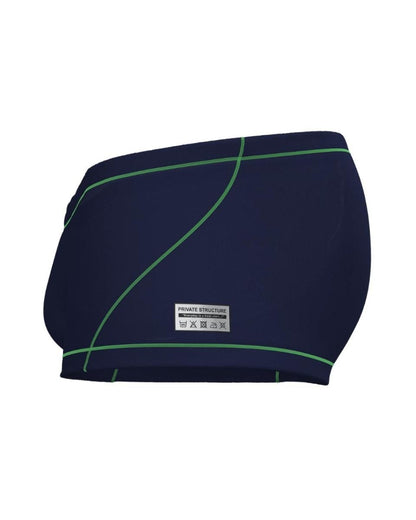 Dark blue swim trunks with green stitching and private structure brand label for casual beachwear