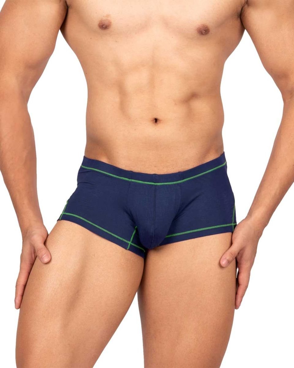 Navy blue briefs with green trim from private structure epus4570 prime elysian hipster collection in blue color