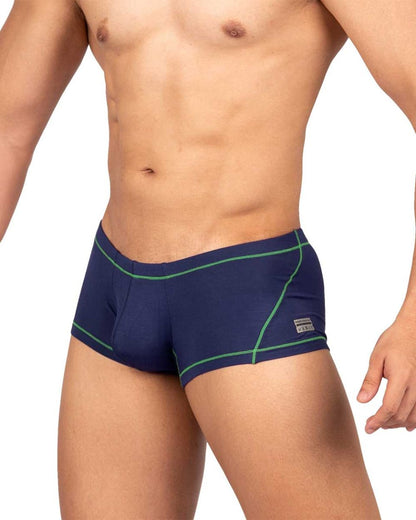 Navy blue private structure epus4570 prime elysian hipster swim trunks with green trim and side brand tag